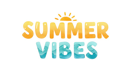 Summer vibes watercolor lettering illustration with sun on transparent background for holiday design or celebration theme