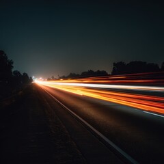 Car Light Trails on Highway at Night Long Exposure Shot with Orange and White Streaks of Motion in Dark Landscape