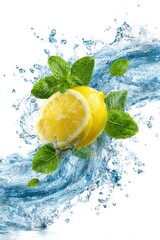 Fresh Lemons and Mint Leaves Splashing in Water on White Background Studio Shot Refreshing Drink Ingredient