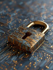 Golden padlock on circuit board close up abstract macro shot security concept digital protection data safety cyber technology