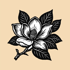 Magnolia flower bold black woodcut vector illustration