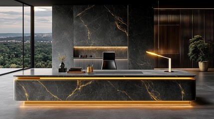 Modern, dark marble kitchen counter with gold accents, overlooking a scenic view