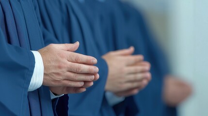Obraz premium Close-up of hands in blue gowns, representing unity and solidarity during a ceremonial event. This image captures the essence of collective participation and shared experiences.