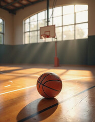 Naklejka premium Basketball on Indoor Court with Sunlight Streaming Through Windows