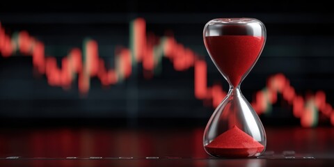 Red hourglass in focus with a blurred, falling stock market graph in the background.