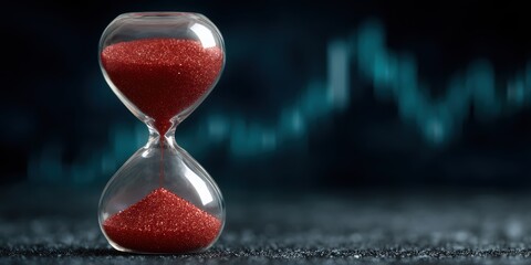 An hourglass with red sand measures time, set against a dark background with faint blue graph lines.
