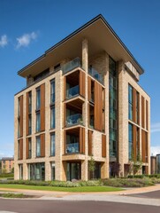 Modern apartment building exterior facade daytime architectural photography residential real estate development luxury condos balconies landscaping