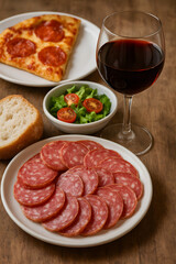 Obraz premium A Gastronomic Gathering: A gourmet still life featuring the exquisite pairing of a slice of pepperoni pizza, a refreshing bowl of salad, a plate of cured sausage, crusty bread.