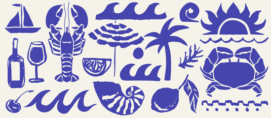 Italian greek style vacation hand drawn vector illustrations in grunge scribble rough doodle sketch style elements. Wave, surf, palm tree vacation in chalk charcoal style. Drawings for poster, placard