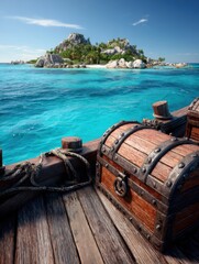 Treasure chest on ship deck with tropical island backdrop in Caribbean sea adventure travel concept