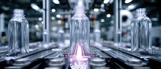 Clear Plastic Bottles on Conveyor Belt in Factory Production Line Industrial Manufacturing Close Up Low Angle