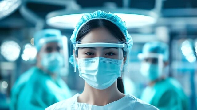 Powerful healthcare portrait of an Asian woman surgeon wearing PPE, in the center of a busy surgical operation theater, calm expression over her mask, colleagues blurred in critica