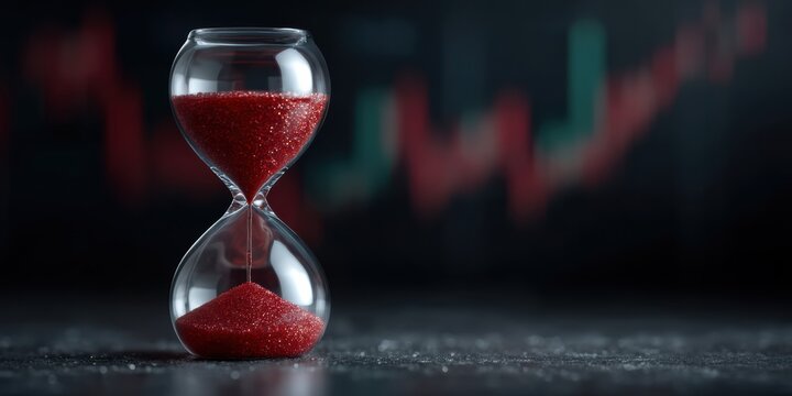 A clear hourglass with red sand sits on a dark surface, with a blurred financial chart in the background.