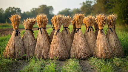 Bunch of Harvested Straw Bundles in a Field at Sunrise