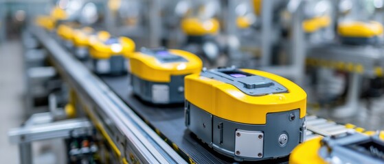 Automated guided vehicles moving on conveyor belt in factory close up industrial technology for manufacturing and logistics