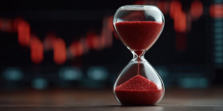 An hourglass with red sand sits on a surface, with a blurred background showing a red stock market graph.