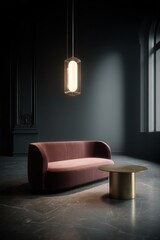 Interior design showcasing modern sofa and pendant light in a dark room with marble floor and window light