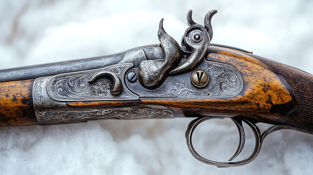 Close-up of the sight and trigger mechanism of an antique matchlock arquebus against a bright white background, illuminated by focused professional studio lighting, showcasing its historical 