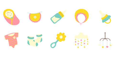 Set of newborn baby decoration, baby shower, gender reveal, postcard, invitation illustration. Vector isolated.