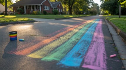 Rainbow chalk drawing on suburban street at sunrise