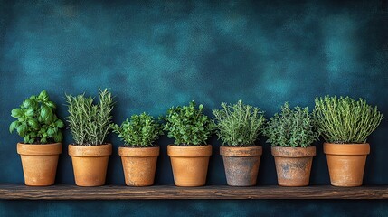 Fototapeta premium Row of terracotta herb pots on a wooden shelf against a teal background