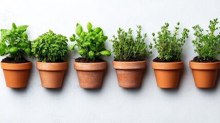 Fototapeta premium Row of small terracotta pots holding various fresh herbs