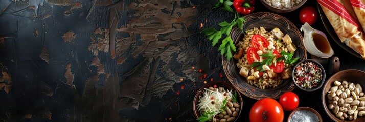 Yemen independence day celebration with traditional cuisine and fresh ingredients. Yemen Unity Day. Horizontal banner. Copy space. Traditional food of Yemen on a table. Top view