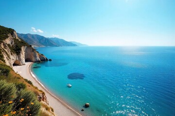 Obraz premium Vast, azure Mediterranean Sea stretching to the horizon, sunlight reflecting on the calm water Perfect for travel, vacation, and summer themes , peaceful, serenity, landscape