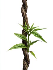 Vine growing up a rope isolated on white background close up studio shot vertical composition representing nature strength growth
