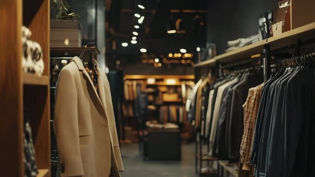 A store with clothes on racks and shelves. The clothes are mostly in black and white. The store is empty