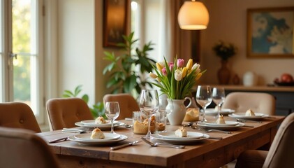 Warm, inviting dining room table set for a meal , togetherness, simple, connection