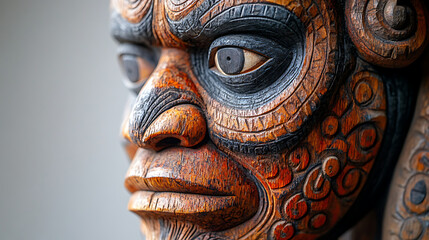 Close-up of the intricately carved head of a traditional war club against a stark white backdrop, illuminated by cinematic studio lighting, emphasizing the craftsmanship and cultural significance 