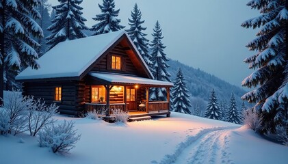 Fototapeta premium Cozy winter scene with warm lighting, snow-covered pine trees, and a rustic cabin , rustic, wood, nature
