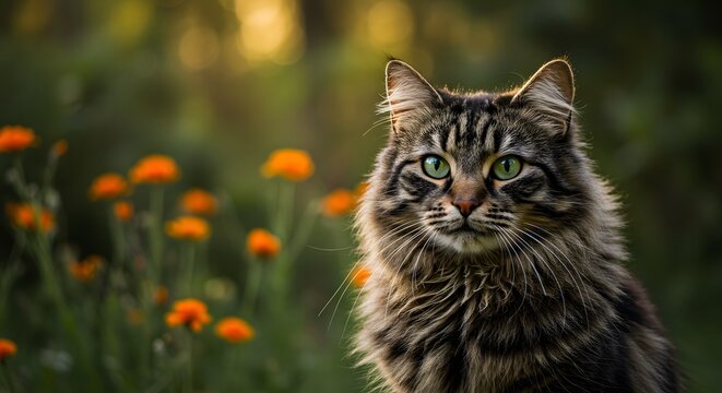  Exquisite Long-Haired Calico Tabby Cat with Vivid Green Eyes - Powered by Adobe