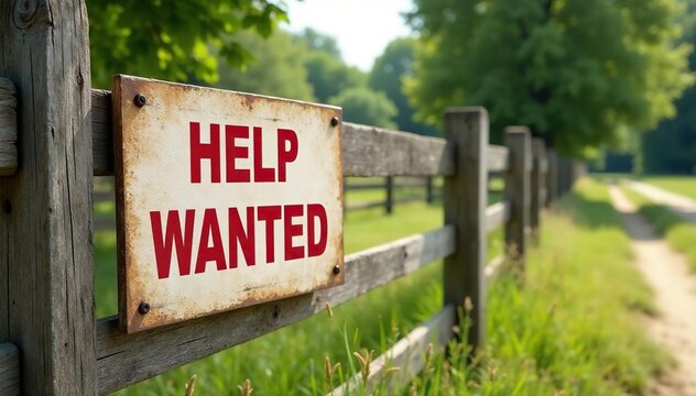 Help wanted sign on a weathered wooden fence, rural setting , full time, now hiring, weathered