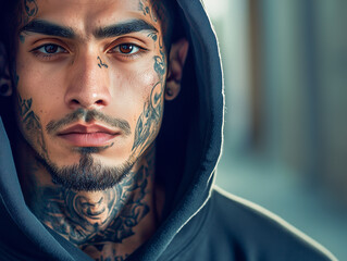 25-Year-Old Latino Man with Neck Ink in Hoodie – Confident Urban Male Aesthetic

