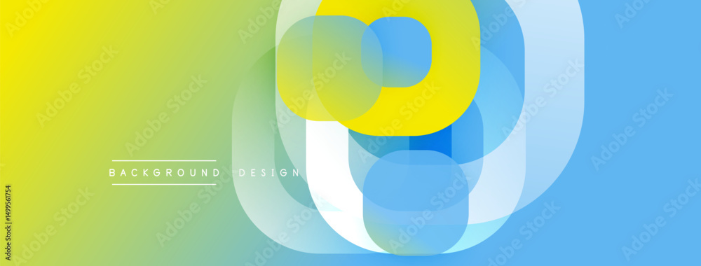Poster Abstract design features overlapping circles, vibrant gradients. Yellow, green, blue hues create dynamic visual effect. Modern background element.