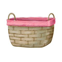 Wicker storage basket on a white background. Watercolor illustration of a rustic basket. For sewing accessories. The topic of ecology. Suitable for needlework, stickers, atelier and lifestyle content.