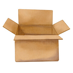 Cardboard box insulated on a white background. Watercolor illustration of the packaging elements. Transport box, for moving. Delivery themes, moving day design and eco-friendly projects.