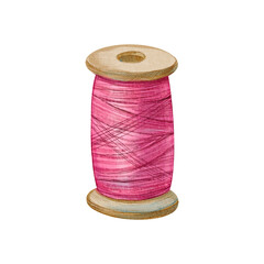 A skein of sewing thread isolated on a white background. Watercolor illustration of a pink reel. Sewing supplies, hobbies. Recycling, reuse of clothes, ecology. It is ideal design, needlework topics.