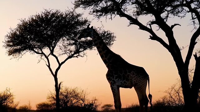 A silhouette of a giraffe standing under an acacia tree during sunset
