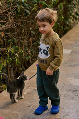 Little boy playing with cats outdoors.