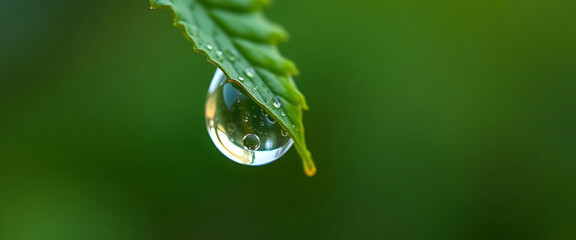 drop of water hanging from a green leaf