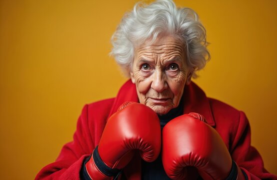 Senior woman with boxing gloves. Elderly lady in red boxing gloves ready to fight. Portrait of strong, fit, active, sporty retiree. Healthy lifestyle, fitness, power, exercise, retirement concept.