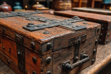 Obraz premium A beautifully detailed close-up of antique wooden chests, showcasing weathered wood and decorative ironwork, adding a touch of vintage charm and historical character.