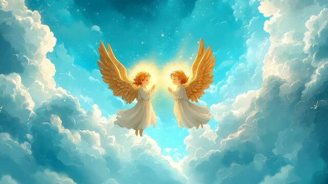 Two Beautiful Angels Merge, Flying Through Ethereal Heavenly Sky with Divine Spiritual Light - Ideal for Peaceful, Religious, Unity, Memorial Use.