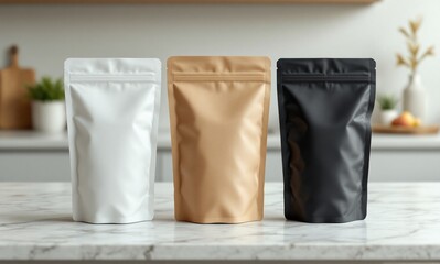 White, kraft, and black paper pouch on marble countertop in modern kitchen, with soft shadows enhancing its premium look.