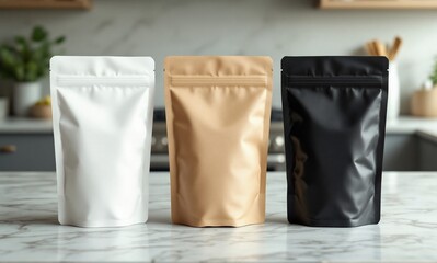 White, kraft, and black paper pouch on marble countertop in modern kitchen, with soft shadows enhancing its premium look.
