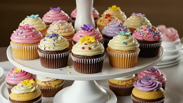 Colorful cupcakes decorated with flowers and sprinkles arranged on a tiered stand for a celebration