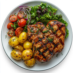 Grilled Chicken with Baby Potatoes and Fresh Salad Healthy Protein Packed Dinner Plate On White Background